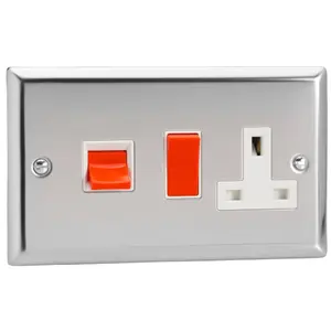 Varilight 45A Cooker Panel with 13A Double Pole Switched Socket Outlet (Red Rocker) Chrome