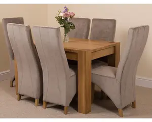 Kuba 125 x 80 cm Chunky Oak Small Dining Table and 6 Chairs Dining Set with Lola Grey Fabric Chairs