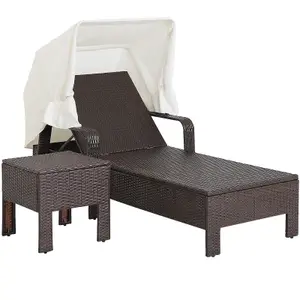 Costway Patio Rattan Lounge Chair Chaise Side Table Outdoor Recliner w/ Folding Canopy & Pillow