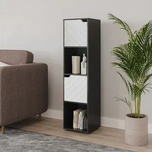 URBNLIVING 119cm Height Black Wooden Cube Bookcase with White Line Door Display Shelf Storage Shelving Cupboard