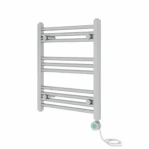 Rinse Bathrooms Prefilled Electric Thermostatic Heated Towel Rail Bathroom Radiator Straight with 400W Timer Chrome 600x500mm