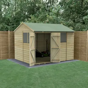 Forest Garden Beckwood Shiplap 10x8 ft Reverse apex Natural timber Wooden Pressure treated 2 door Shed with floor & 4 windows (Base included) - Assembly service included