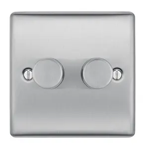 BG Raised slim Silver Steel effect 2 gang profile Double 200W Dimmer switch