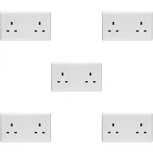 5 PACK 2 Gang Double 13A Unswitched UK Plug Socket - WHITE Wall Power Outlet