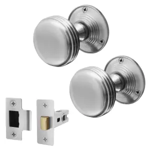 AFIT Lined Door Knob Set Satin Chrome - 1 Pair of Mortice Knobs (55mm) & Latch (76mm) for Internal Doors