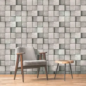 3D Effect Square Stone Brick Silver Grey Metallic Wallpaper Fine Decor