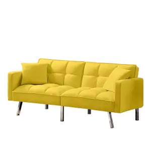 Sofa Bed 2 Seater Yellow Velvet Click Clack Sofa Settee Recliner Couch with Metal Legs with 2 Pillows