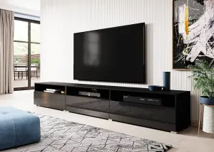 Athens 40 Black Gloss TV Cabinet W2700mm H400mm D410mm - Sleek Design with 3 Drawers and Wall-Mount Option