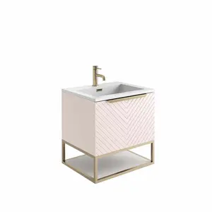 UK Home Living Avalon OFFER PRICE Chevron 600mm Basin Cabinet Pink With Brushed brass frame, handle and overflow