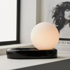 Gloss Black Designer Ceramic Base Table Lamp Light & Opal Sphere Glass Shade