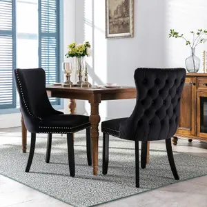 Set of 4 Lux Velvet Tufted Kitchen Dining Chairs with Wooden Legs, High Back Office Bedroom Chairs Black