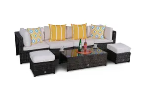 Amalfi 6 Seat Rattan Garden Sofa Set with Coffee Table and 2 Stools - Brown