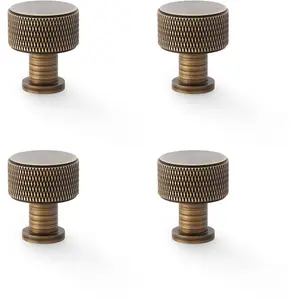 4 PACK - Round Knurled Door Knob - 29mm Diameter Antique Brass Radio Cupboard Pull Handle