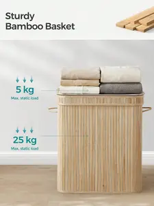 SONGMICS Laundry Hamper With Lid, 100 L Bamboo Laundry Basket, Removable Machine Washable Hamper Basket, With Handles, Natural