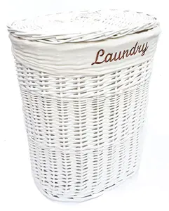 Oval Wicker Laundry Basket With Lid & Removable Cotton Lining White with White cloth,Large 37x50x55 cm