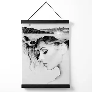 Abstract Girl and Beach Fashion Black and White Photo Medium Poster with Black Hanger