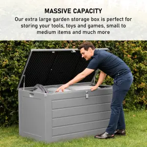 Outdoor Garden Storage Box Plastic Shed - Weatherproof & Sit On with Wood Effect Chest (680L, Anthracite)