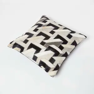 Homescapes Geometric Block Brown & Cream Leather Cushion 45 x 45 cm