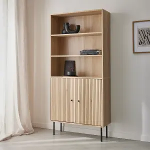 sweeek. 2-door bookcase with wooden decor and metal Braga Natural 29x80x170.5 cm