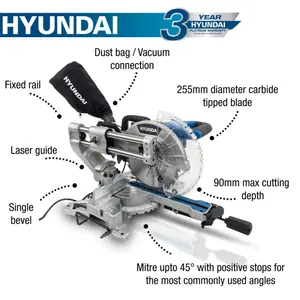 Hyundai 2000W Electric Mitre Saw / Chop Saw with 255mm Blade, 230V HYMS2000E