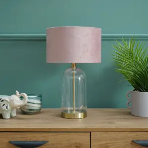 ValueLights Jessy Glass and Gold Metal Bedside Table Lamp with a Blush Pink Velvet Lampshade - Bulb Included