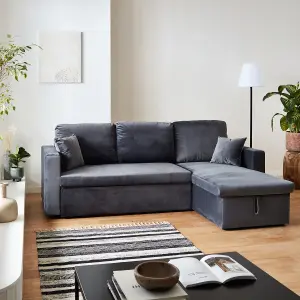 sweeek. 3-seater reversible corner sofa bed with storage Ida velvet Charcoal Grey 219x147x68 cm