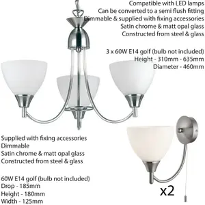 3 Lamp Ceiling & 2x Wall Light Pack Satin Chrome Glass Matching Indoor Fittings