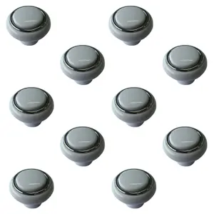 White Plastic Chrome effect Round Furniture Knob (Dia)40mm, Pack of 10