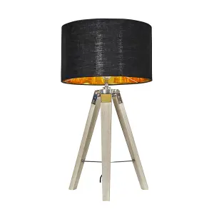 ValueLights Clipper Modern Distressed Wood and Silver Chrome Tripod Table Lamp with Black Gold Drum Shade