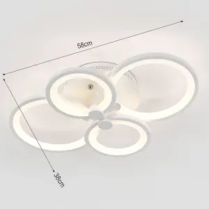 Modern 4 Circular White Metal and Acrylic LED Semi Flush Ceiling Light Fixture for Nordic Decor, Dimmable