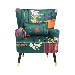 Fabric Green Patchwork Victoria Accent Wingback Chair