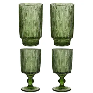 Set of 4 Vintage Luxury Green Embossed Wine Glass Goblets & Trailing Leaf Drinking Tall Tumbler Glasses 350ml