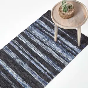 Homescapes Texas Leather & Denim Woven Striped Blue Rug, 66 x 200 cm