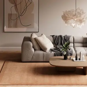 Modern Bordered Beige Soft Textured Living Area Rug 120cm x 170cm