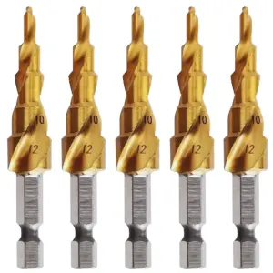 Rennie Tools Pack Of 5 x 4-12mm HSS Spiral Flute Step Drill Bit Titanium (TiN) Coated Cone / Hole Cutter For Steel Plastics & Wood