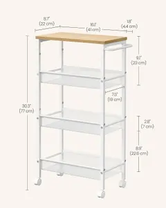 VASAGLE Storage Cart, 4-Tier, Space-Saving Rolling Trolley, Metal, Handle, Trolley for Small Spaces, Oak and White