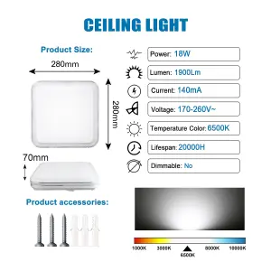 18W LED Square Ceiling Light, daylight 6500K, 1900 Lumen