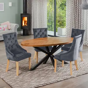 Dosenna Oval Dining Table Set with 4 Ravenna Velvet Chairs - Grey