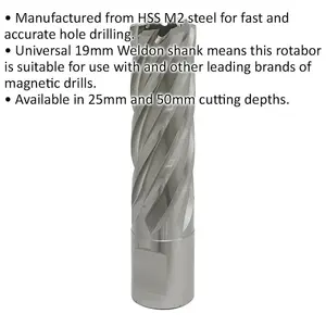 19mm x 50mm Depth Rotabor Cutter - M2 Steel Annular Metal Core Drill 19mm Shank