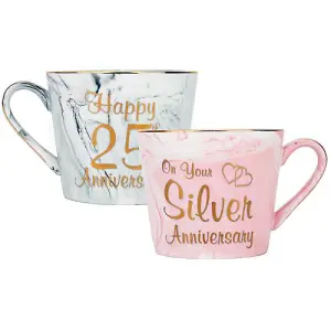 Beautiful 25th Anniversary Grey and Pink Marble Ceramic Mugs with Golden Trim