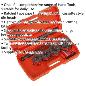 Professional Ratcheting Pipe Threading Kit for BSPT Sizes 1/2" to 1-1/4" with Die Heads