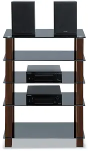 Centurion Supports TRINITY Black 5 Shelf with Walnut Legs Flat Screen TV Rack Glass Stand