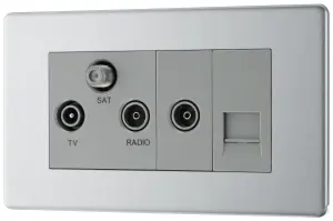 BG FBS68 Flatplate Triplex TV/FM/Sat Socket + Return & 1 Gang Tel. - Screened Brushed Steel - Grey Insert