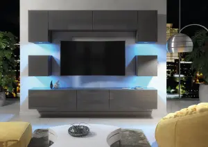 Panorama Wall TV Unit Dark Grey with High Gloss Doors and LED Lighting - Creative Furniture