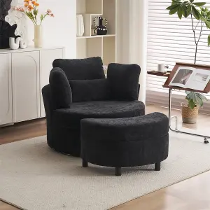 Chenille Swivel Armchair with 3 Back Cushion Pillow Ottoman Crescent Stool, Black 