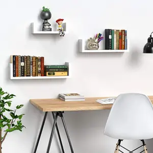 Set of 3 U-Shaped Wooden Wall Mounted Floating Display Shelves Decorative & Creative Office Living Room Bedroom Load 5kg White