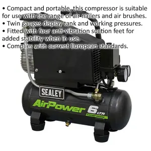 Compact 6 Litre Direct Drive Air Compressor with Twin Gauge Display