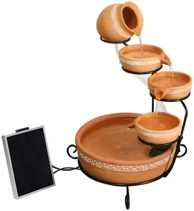 Primrose Ladonas Inlaid Terracotta Solar Powered Cascade Water Feature with Battery Backup and LED Lights 55cm