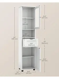 VASAGLE Tall Bathroom Cabinet Free Standing, Slim Bathroom Cupboard, With Open Shelf, Glass Door, Water-Resistant Feet