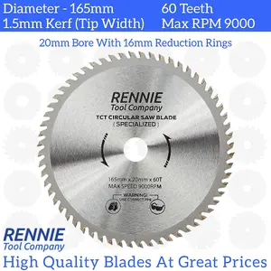 165mm x 60T TCT Cordless Circular Wood Saw Blade With Thin Kerf. Fits Bosch Makita Ryobi Dewalt Circular Saws etc